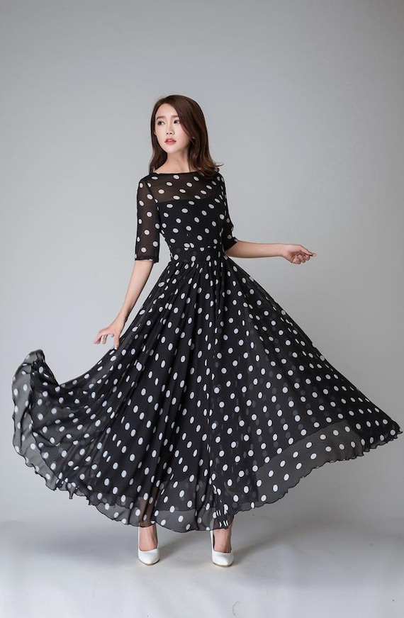 polka dot dress prom dress Black white dress Chiffon dress