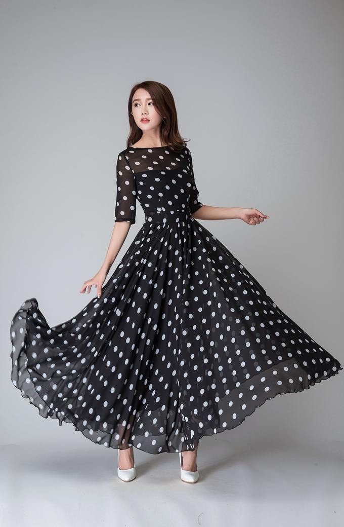 Polka Dot Dress Prom Dress Black White Dress Chiffon Dress