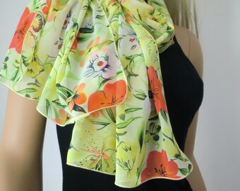 Green and yellow Long tropical floral chiffon scarf -Parisian Neck Tissu