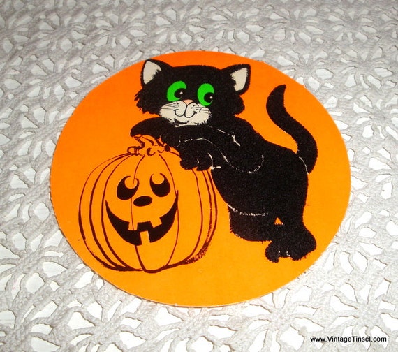 Vintage Halloween Die Cut Black Flocked Cat Green Eyes