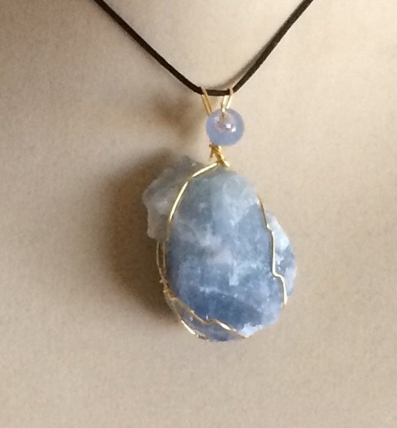 Gold Wire Wrapped Blue Calcite Pendant