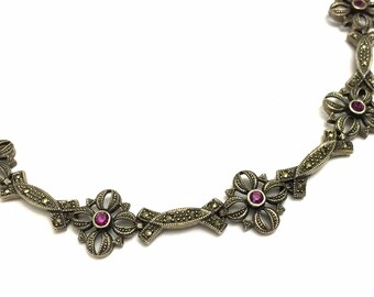 Beautiful Ornate Art Deco Purple Amethyst Marcasite Sterling Silver Vintage Necklace Art Deco Jewelry