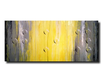 Original Large Abstract Braille painting yellow and gray - 24 X 54 Inches-by Artist JMJartstudio- Joy -Wall art-wall decor
