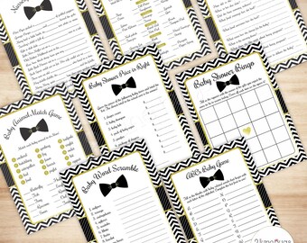 Package Shower Games Baby Bow Tie Baby Shower Games Package, Little Man Baby Shower Games, 8 Printable Games, Black Chevron Gold Foil