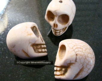 3 Huge faux ivory howlite skull beads 30x30x24mm drilled top to bottom fpb172b