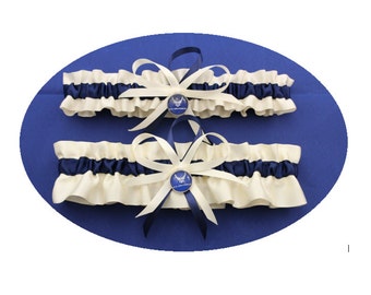 Ivory and Navy Blue Satin Air Force Wedding Garter Set (Your Choice, Single or Set)