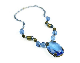 Art Deco Blue Czech Glass Necklace - Sapphire Blue, Blue Necklace, Czechoslovakia, Art Deco Jewelry, Antique Jewelry