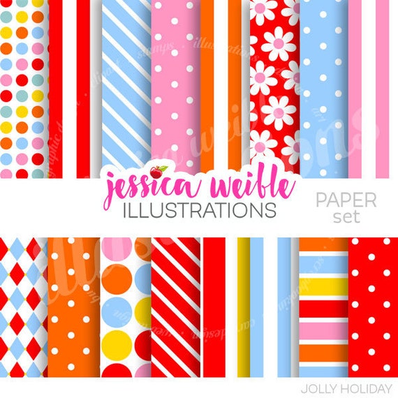 Jolly Holiday Cute Digital Papers for Card Design, Scrapbooking, and Web Design, Floral, Retro, Red, Pink, Blue, Backgrounds Il_570xn