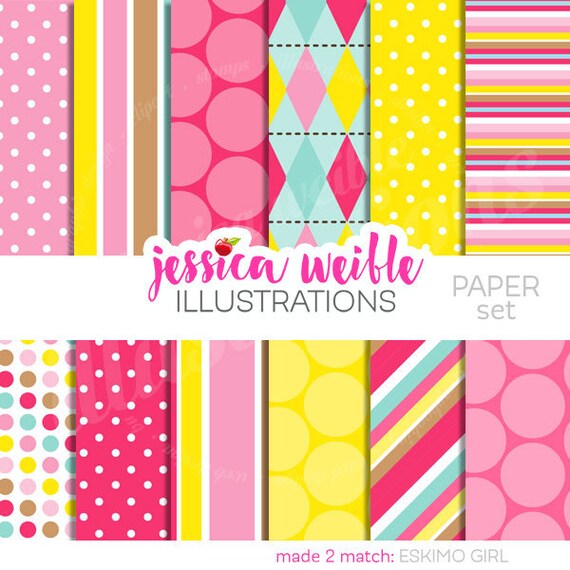 Eskimo Girl Cute Digital Papers - Commercial Use OK - Cute Pink, Yellow Backgrounds, Digital Papers Il_570xn