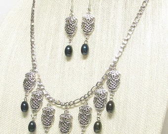 21" Antique Silver Owl Necklace Set #19732 - On Sale!