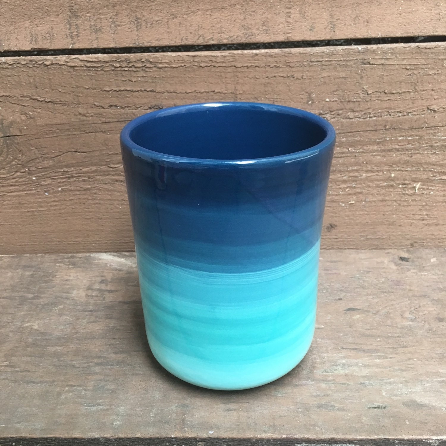 Shades of Teal Ombre Ceramic Utensil Holder / Crock Medium