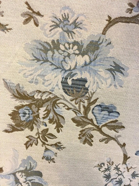 Blue Floral Tapestry Fabric Blue and Cream Fabric
