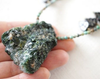 Boho Jewelry Raw Emerald Druzy Necklace Large Green Beryl Stone Crystal Rock Pendant Petite Wild African Turquoise Beaded Necklace May birth