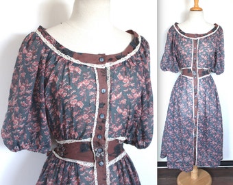 Vintage 1970's Gunne Sax Dress // 70s Pink and Blue Floral Boho Festival Dress // Summer Peasant Dress with Sash // DIVINE