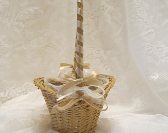 Flower Girl Basket - Woven Wicker Basket - Natural/Ivory Color Theme - Wedding Ready - One of a Kind OOAK