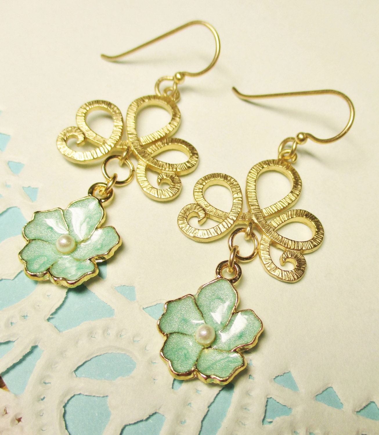 Jewelry Set Gold Mint Earrings Mint Green Earrings Gold