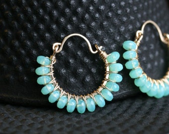 Aqua blue hoop, seafoam green, Czech glass beads, hoop earrings, beaded hoops, 14k gold filled, Mimi Michele Jewelry