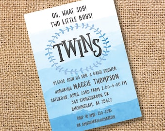 Blue Ombre Twins Baby Shower Invitation Twin Boys Watercolor Blue Twins Invite Printable Classic Twin Boys Blue Twins Invitation Nautical
