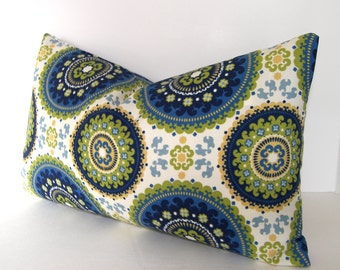 BOTH SIDES - Indoor - Outdoor Suzani Pillow Cover - Blue - Lime Green - Off White and Ivory