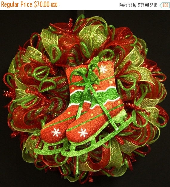 HOLIDAY SALE Ice Skate Christmas Wreath, Christmas Wreaths, Red Green Wreaths, Deco Mesh Wreaths - Item 1384