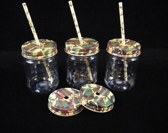 TWELVE Mason Jars, Plastic Mason Jars with Camo Lids, Kids Party Cups, Straw Cut Lids, Favors, Camo Wedding, New Baby - 12 oz jars