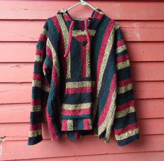 70s/80s Rasta Hippie Stoner Grunge Drug Rug Hoodie Black Red
