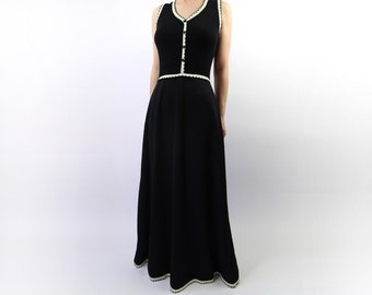 VINTAGE 1970s Maxi Dress Black White Contrast Long