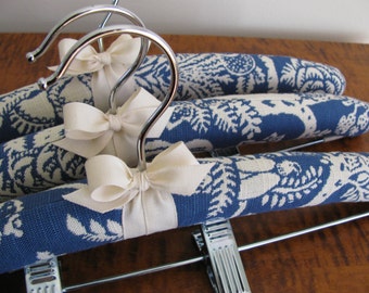 Padded Hangers, Indigo Toile Clip Hangers, Toile Padded Hangers w|Clips, Blue Toile Bottom Hangers, Hangers with Clips, Toile Pant Hangers