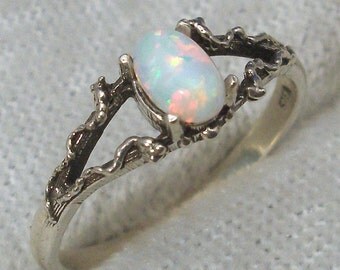October birthstone Mythological Stone Protector Ring, Hand Crafted Recycled Sterling Silver, handmade Synthetic Opal fantasy fairy Elves elf
