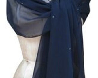 Navy Blue Chiffon Shawl Wrap Scarf with Rhinestones