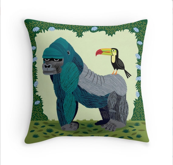 The Gorilla and The Toucan - animal friends - Throw Pillow / Cushion Cover (16" x 16") iOTA iLLUSTRATION