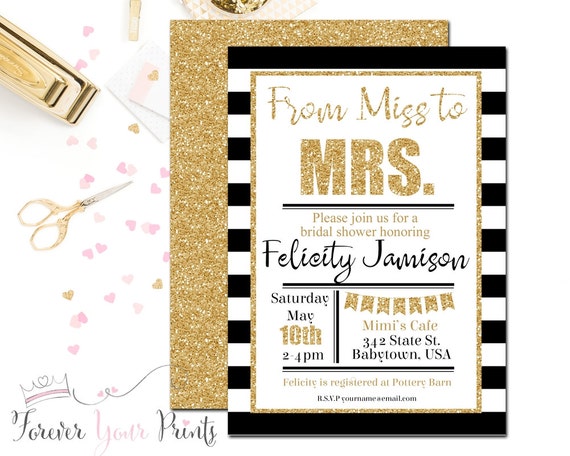 Black & Gold Bridal Shower Invitation, Engagement Party Invitation, Engagement Invite, From Miss to Mrs, Bachelorette Party, Bridal Invite Il_570xn