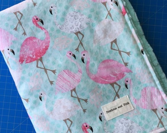 Flamingo Baby Blanket, Girl Minky Blanket, Flamingo Bedding, Pink and Mint Blanket, Flamingo Nursery