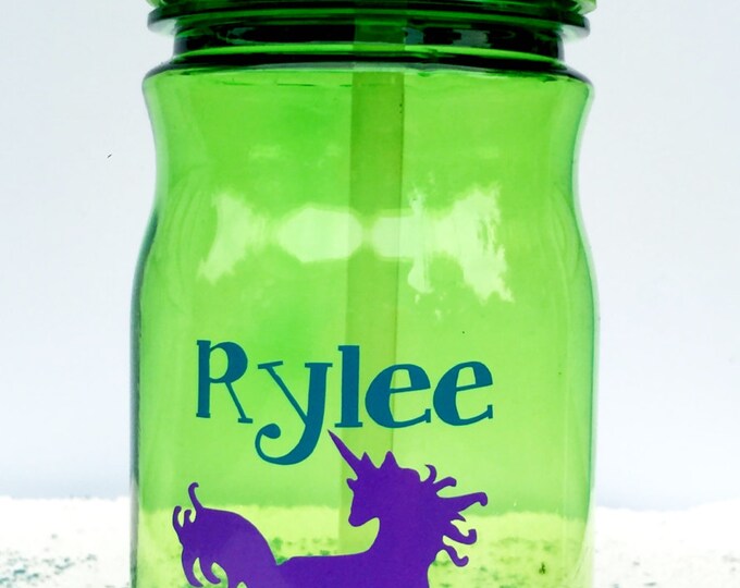 Girls Unicorn Sports Bottle with Name, Kids Personalized Water Bottle, 13 oz flip top cup, Childs Custom Cup, Sippy Cup, Party Favors