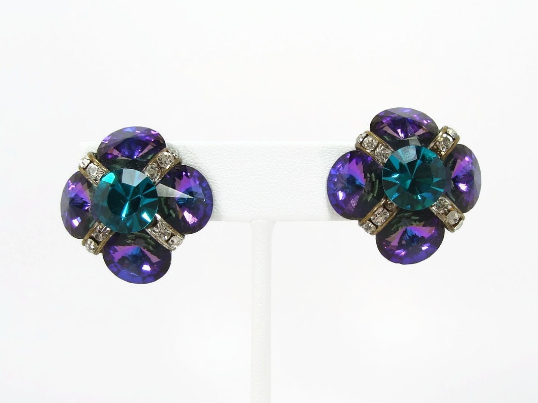 Purple Rhinestone Earrings Clip On Vintage Earrings Rivoli