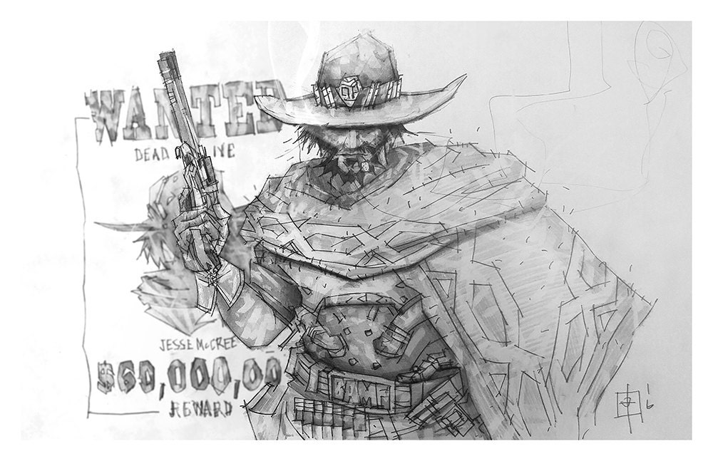 McCree Giclee print of pencil drawing of Offense character