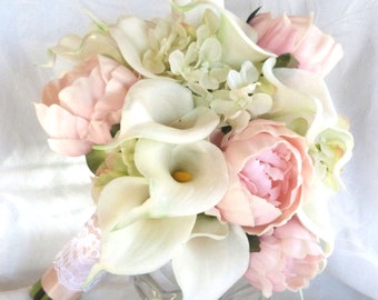 Real touch Calla lily and peony bridal bouquet with silk hydrangea