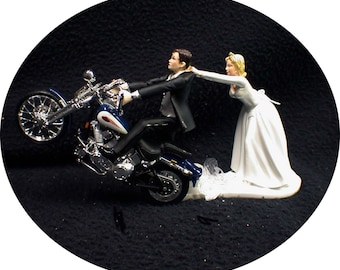 Motorcycle Wedding Cake Topper W/ Sexy Blue Harley Davidson Funny Groom Top