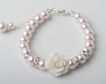 Flower girl bracelet, light pink pearl bracelet, white rose bracelet, girl birthday gift, Pink wedding bracelet, flower girl jewelry,