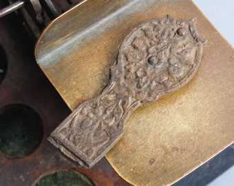 Antique brass plate pendant, connector, finding, dark patina