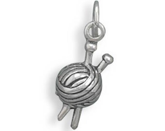 Sterling Silver Ball of Yarn with Knitting Needles Charm 3D Pendant