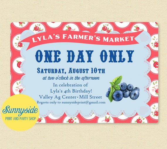 Blueberry Birthday Invitation, Printable Farmers Market Birthday Party Invite, blueberries, vintage style Il_570xn