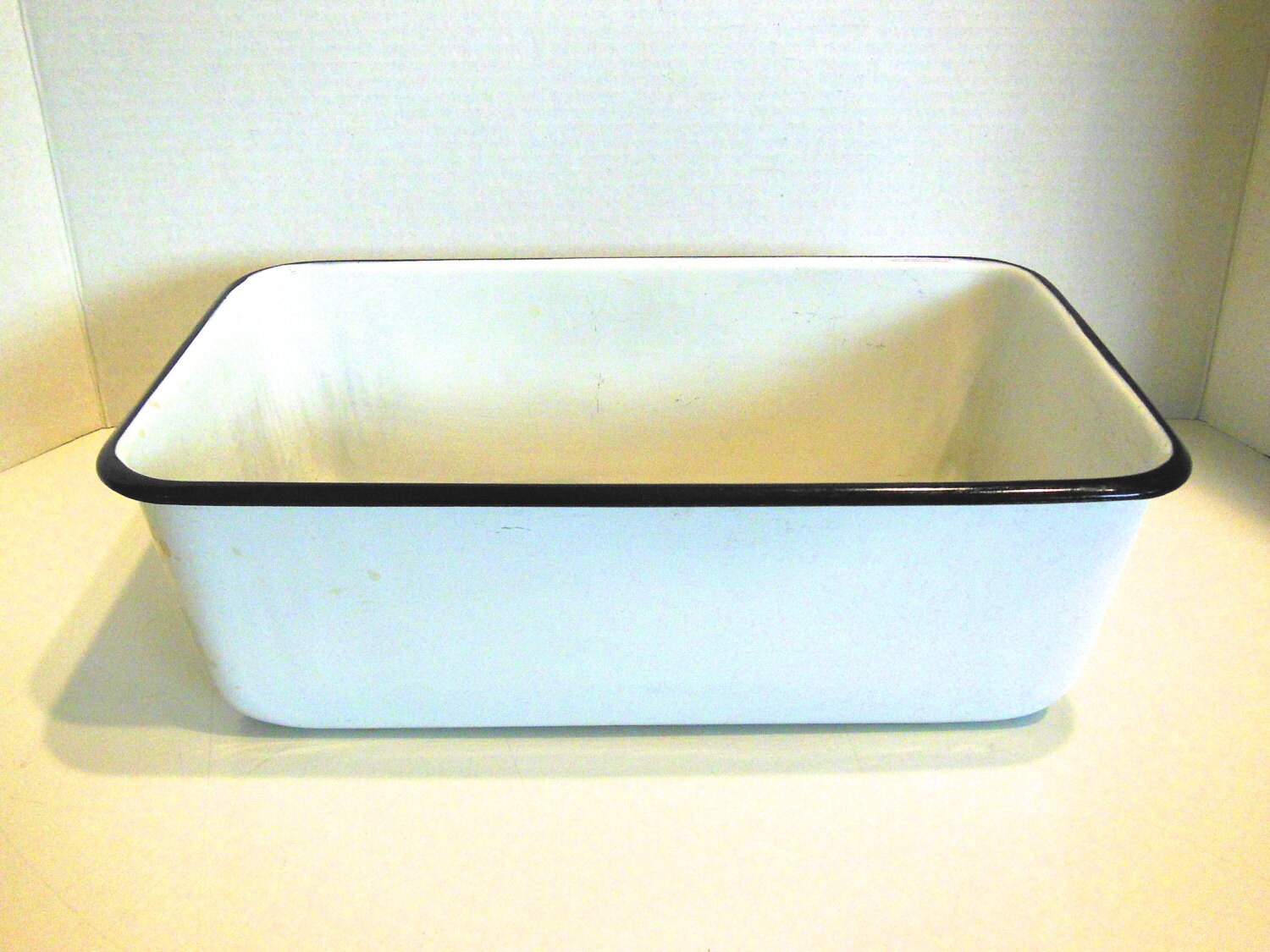 enamelware pan, enamel refrigerator box, enamel storage bin, vintage