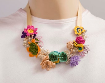 Bib necklace,crochet oya necklace ,crochet bip necklace,crochet necklace, fiber necklace ,