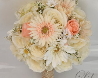 17 Piece Package Silk Flowers Wedding Bouquet Artificial Bridal Bouquets PEACH CHAMPAGNE CREAM Ivory Burlap Rustic "Lily of Angeles" IVPE02
