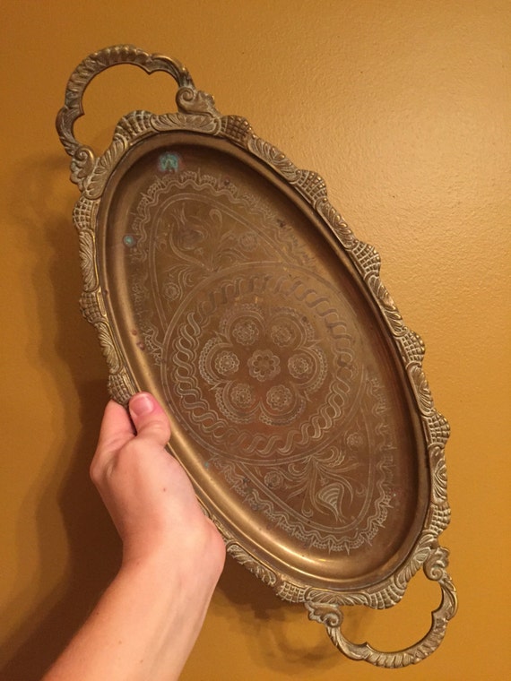 Brass tray handles oval dish embossed brass tray brass