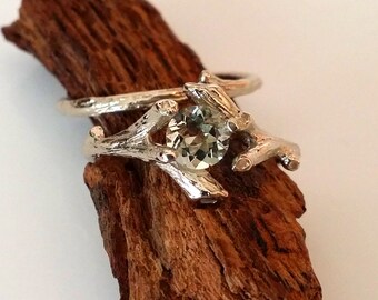 Twig Engagement Ring, Faeceted Gemstone Branch Bridal Set, Custom Made-to-Order, Gold, Twig Wedding Set Hand Sculpted by Dawn Vertrees