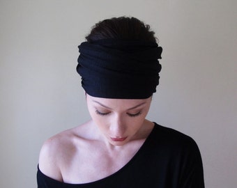 BLACK Yoga Headband - Extra Wide Jersey Head Scarf - Boho Hair Wrap - Bohemian Headscarf - Hair Accessories - Womens Hair Accessory