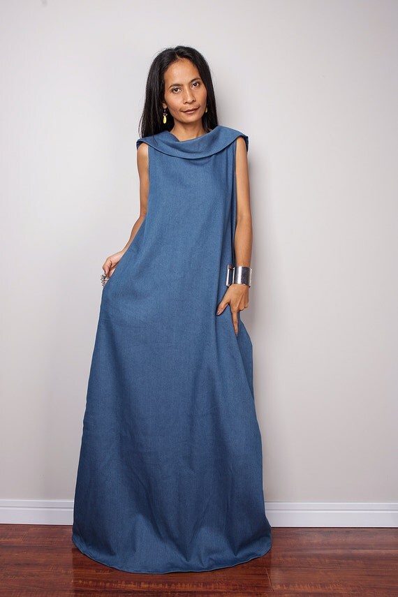 Denim Maxi Dress / Sleeveless Blue Dress with hood / by Nuichan