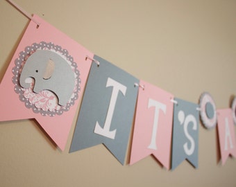 Elephant Baby Shower Banner, It's a Girl, pink and gray, Elephant Baby Shower Decoration